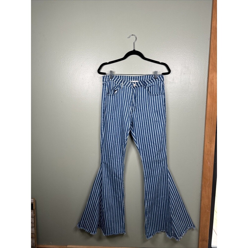 Saints & Hearts Raw‎ Hem Striped Flare Bell Bottom Jeans Women’s Size Large